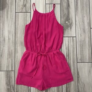 Women's Silk Blend Romper Hot Pink Sleeveless Tie Waist Lightweight Summer